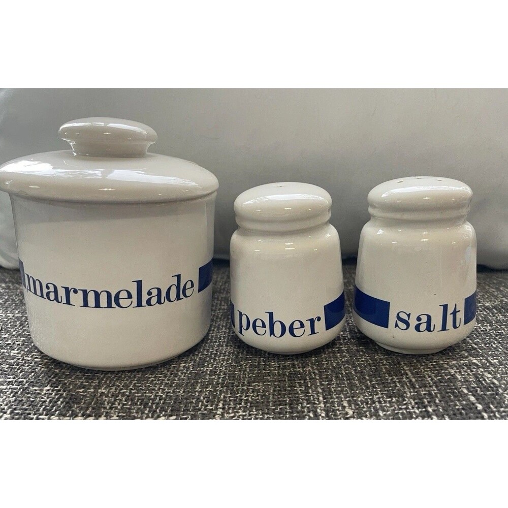 Mid Century Danish Ceramic Condiment Set Marmalade Salt & Pepper Vintage